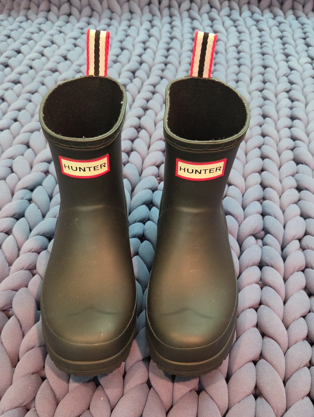 Hunter Black Rain Boots with Red Logo and Striped Pull Tabs